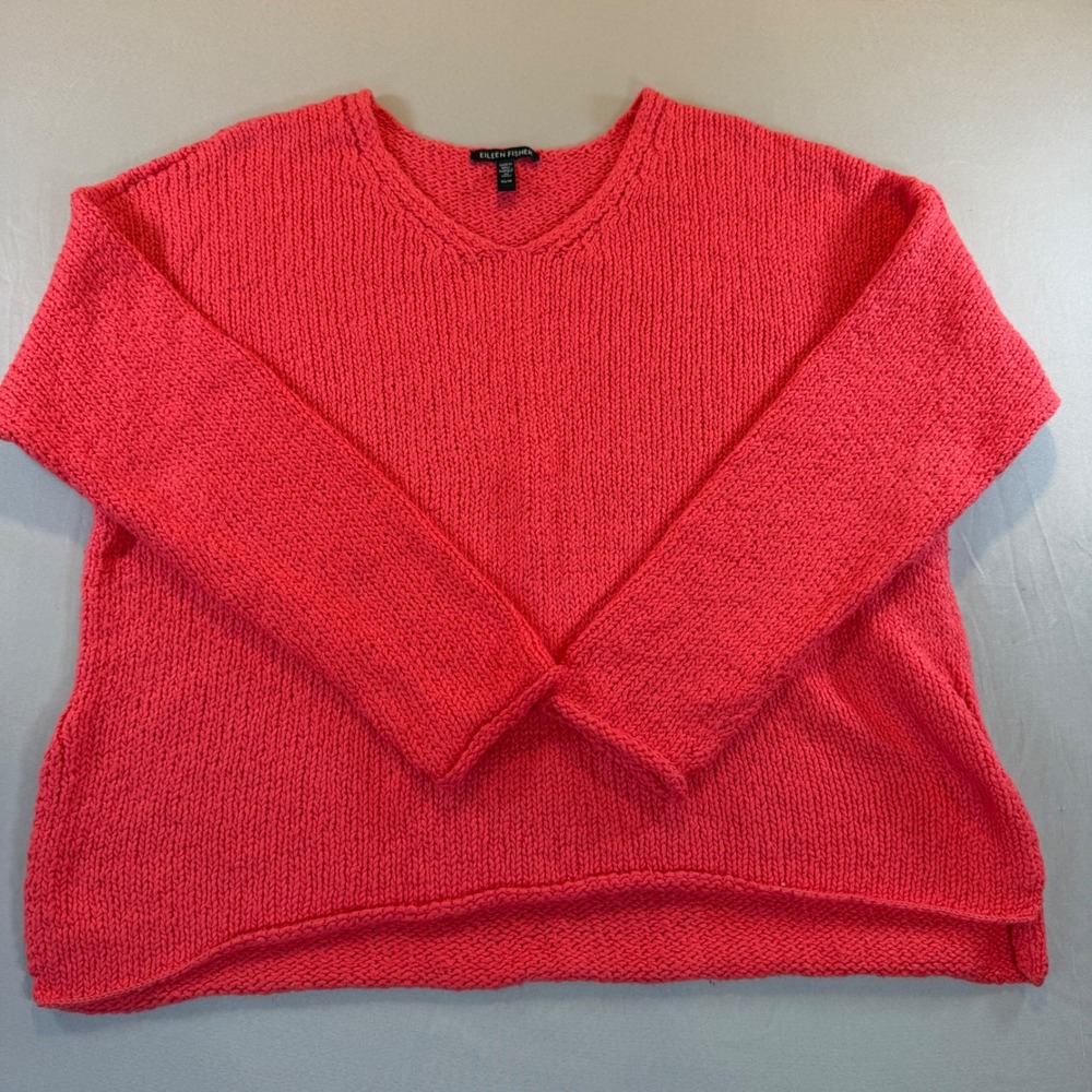 Eileen Fisher Coral Pink Chunky Knit Sweater XS Oversized Coastal Grandma Resort
